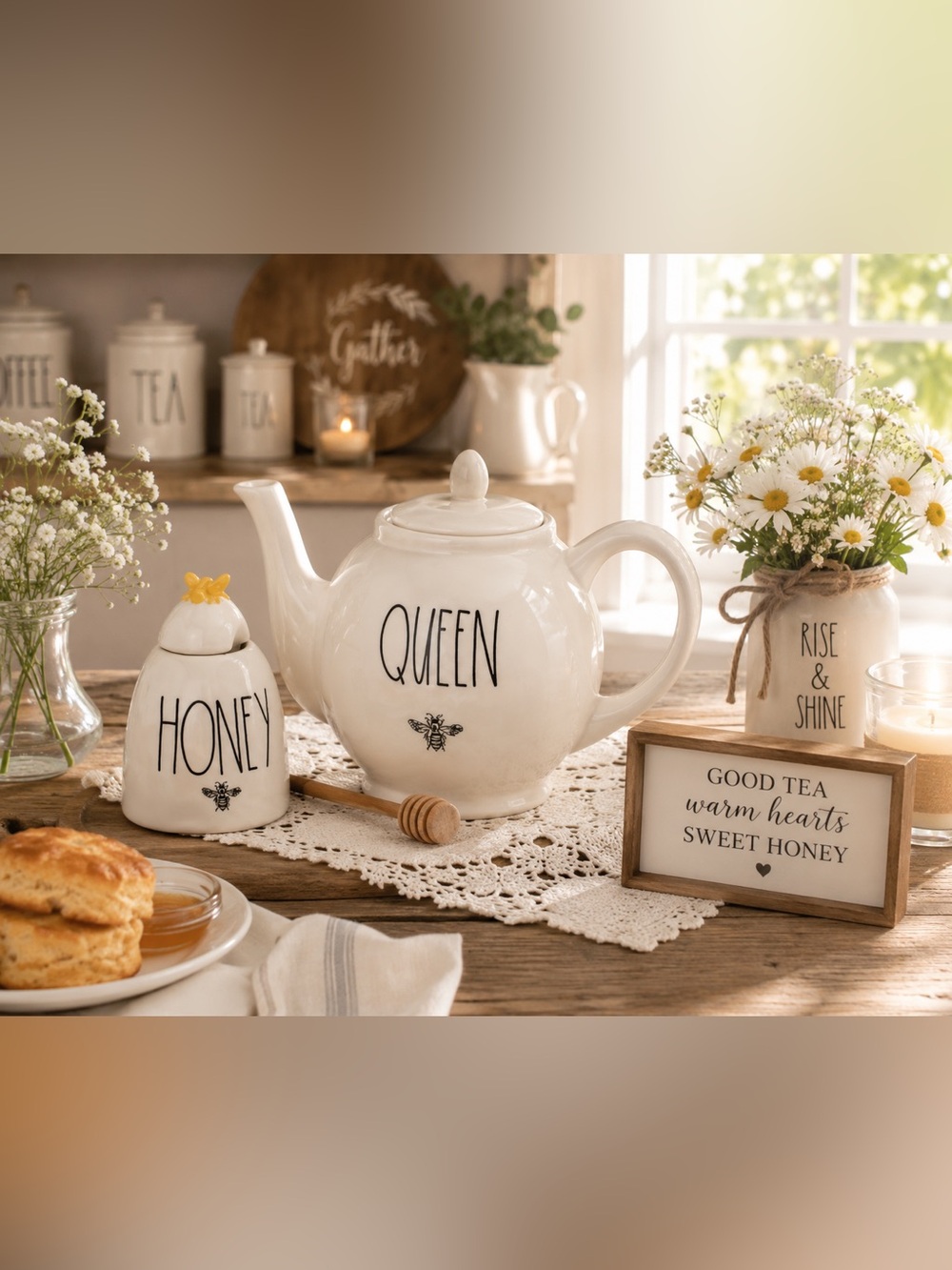 Rae Dunn QUEEN Teapot & HONEY Jar Set | Farmhouse Tea Station Décor